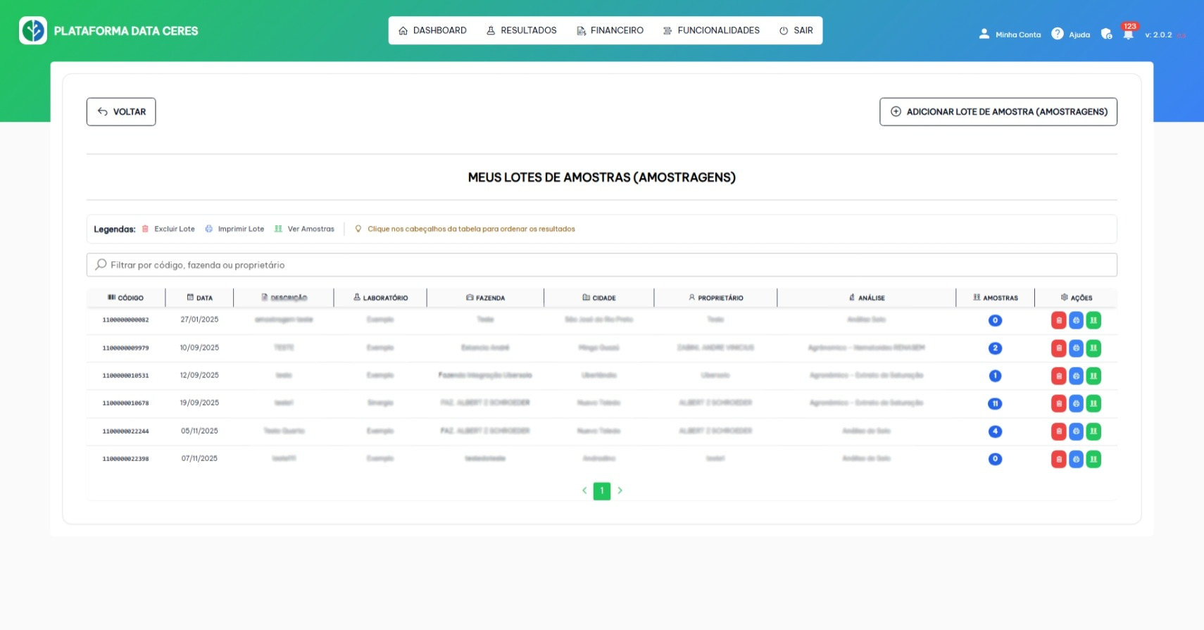 Data Ceres - Tela de Amostragens