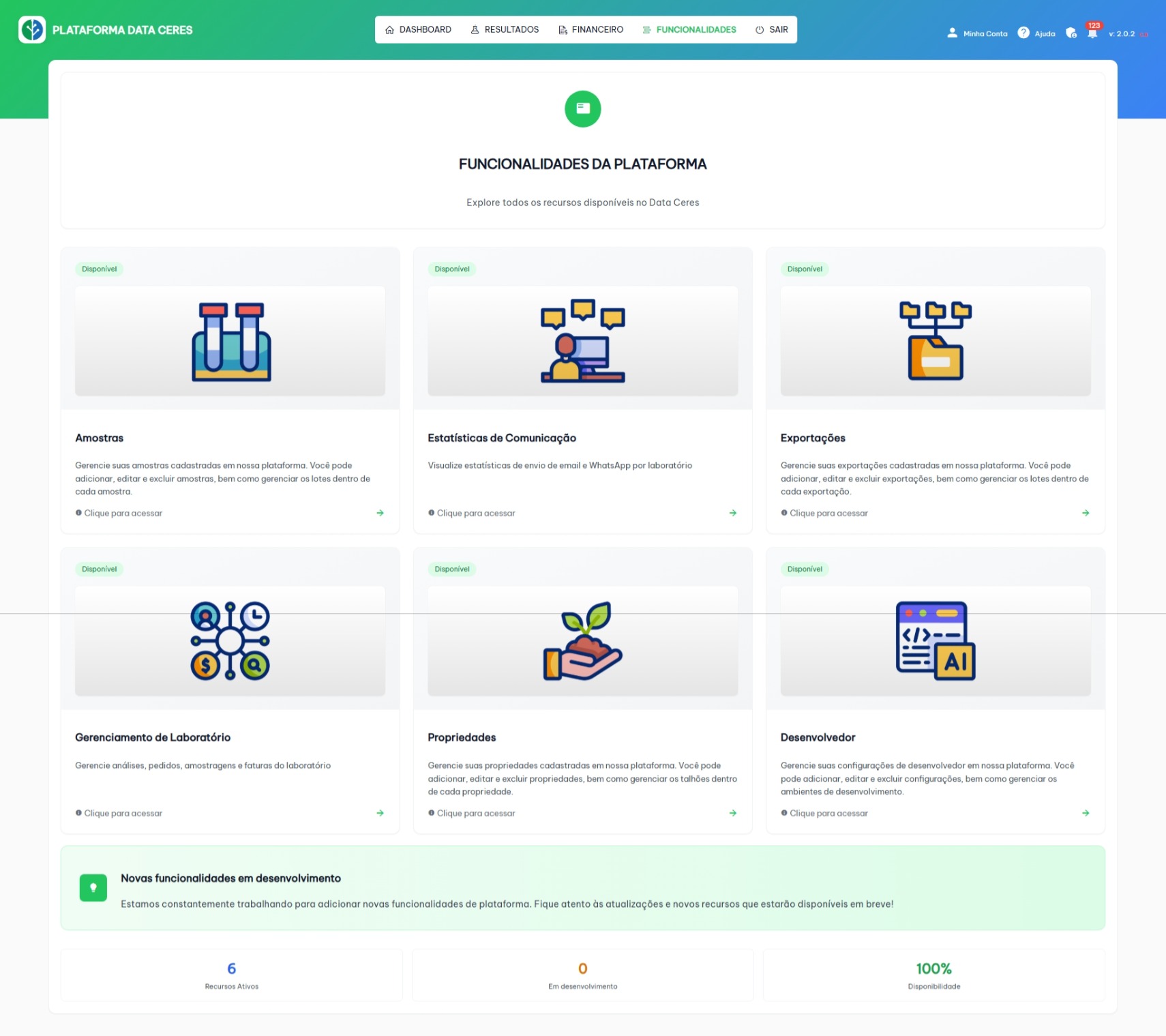 Data Ceres - Tela de Funcionalidades